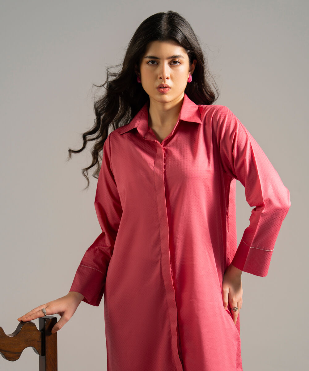 Women's RTW Dobby Solid Pink Straight Shirt