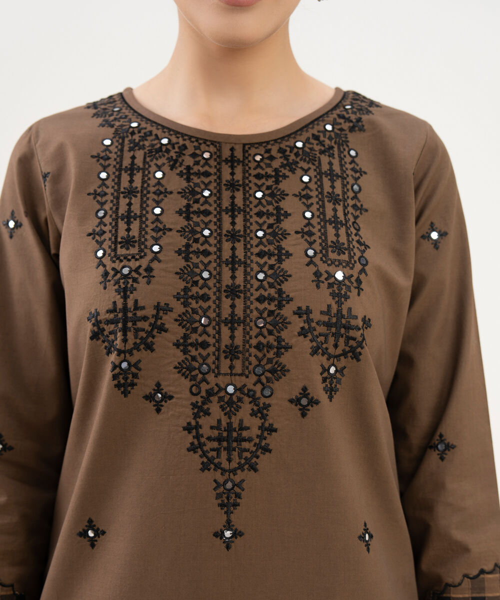 Women's Unstitched Cotton Embroidered Brown 3 Piece Suit