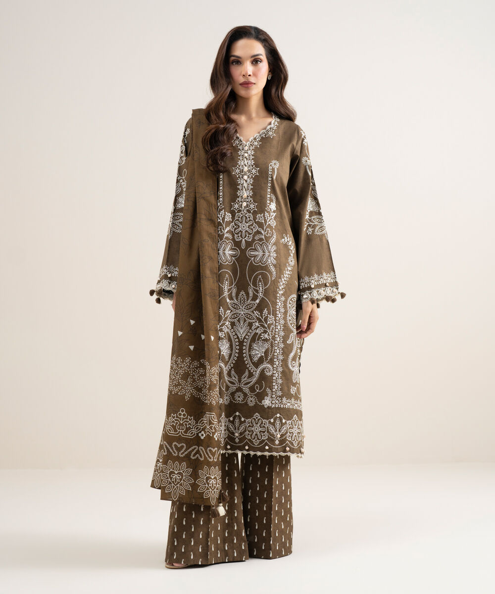 Women's Unstitched Lawn Embroidered Brown 3 Piece Suit
