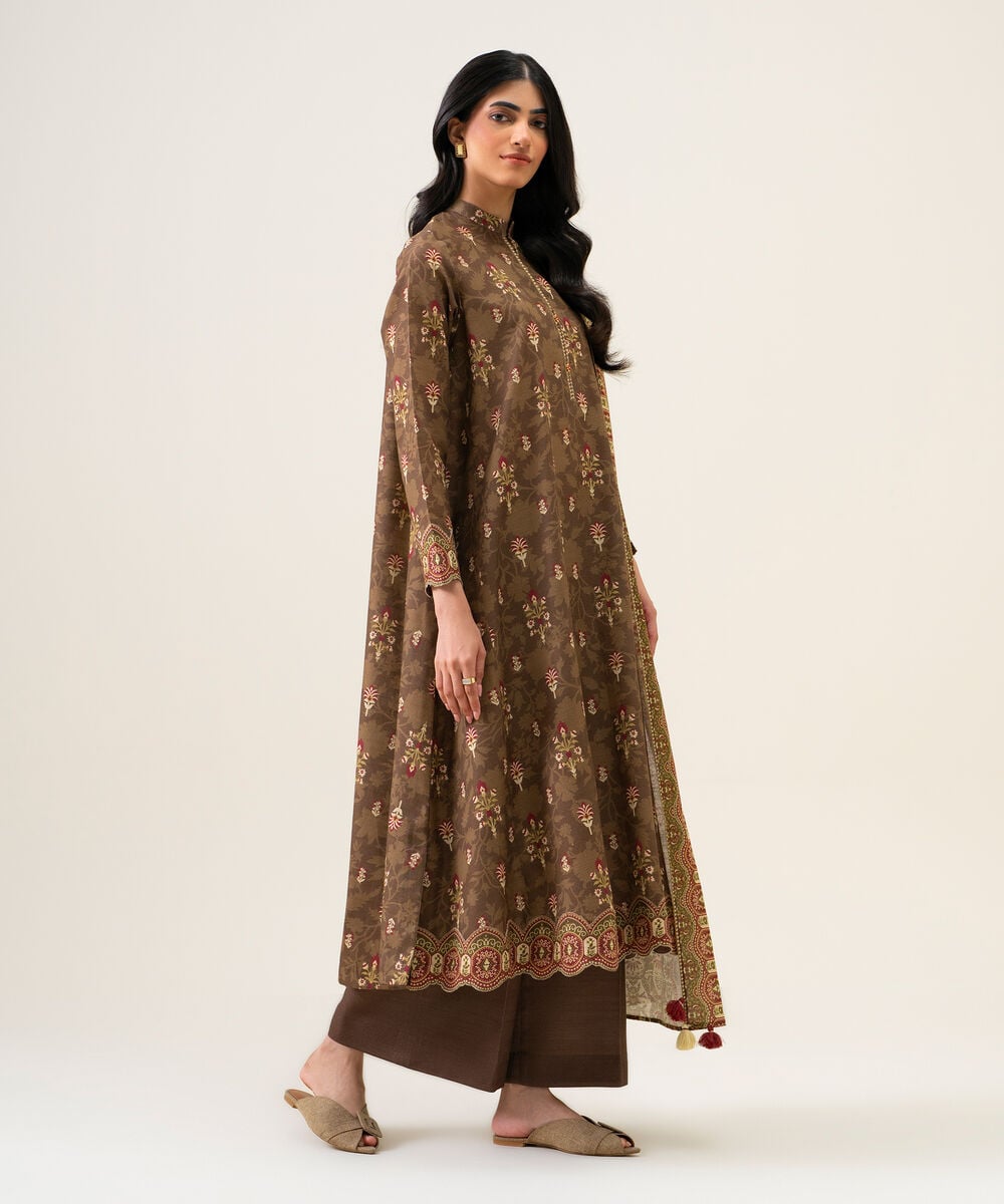 Womens Unstitched Light Khaddar Printed Brown 3 Piece Suit