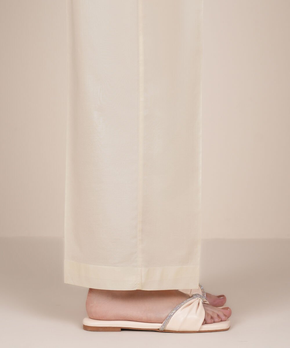 Women's RTW Cambric Beige Solid Straight Pants