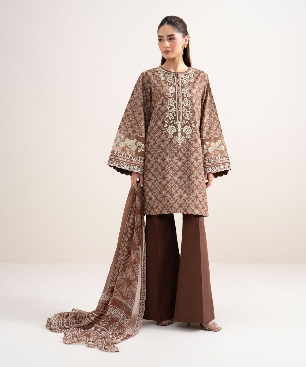 Women's Unstitched Lawn Embroidered Brown 3 Piece Suit