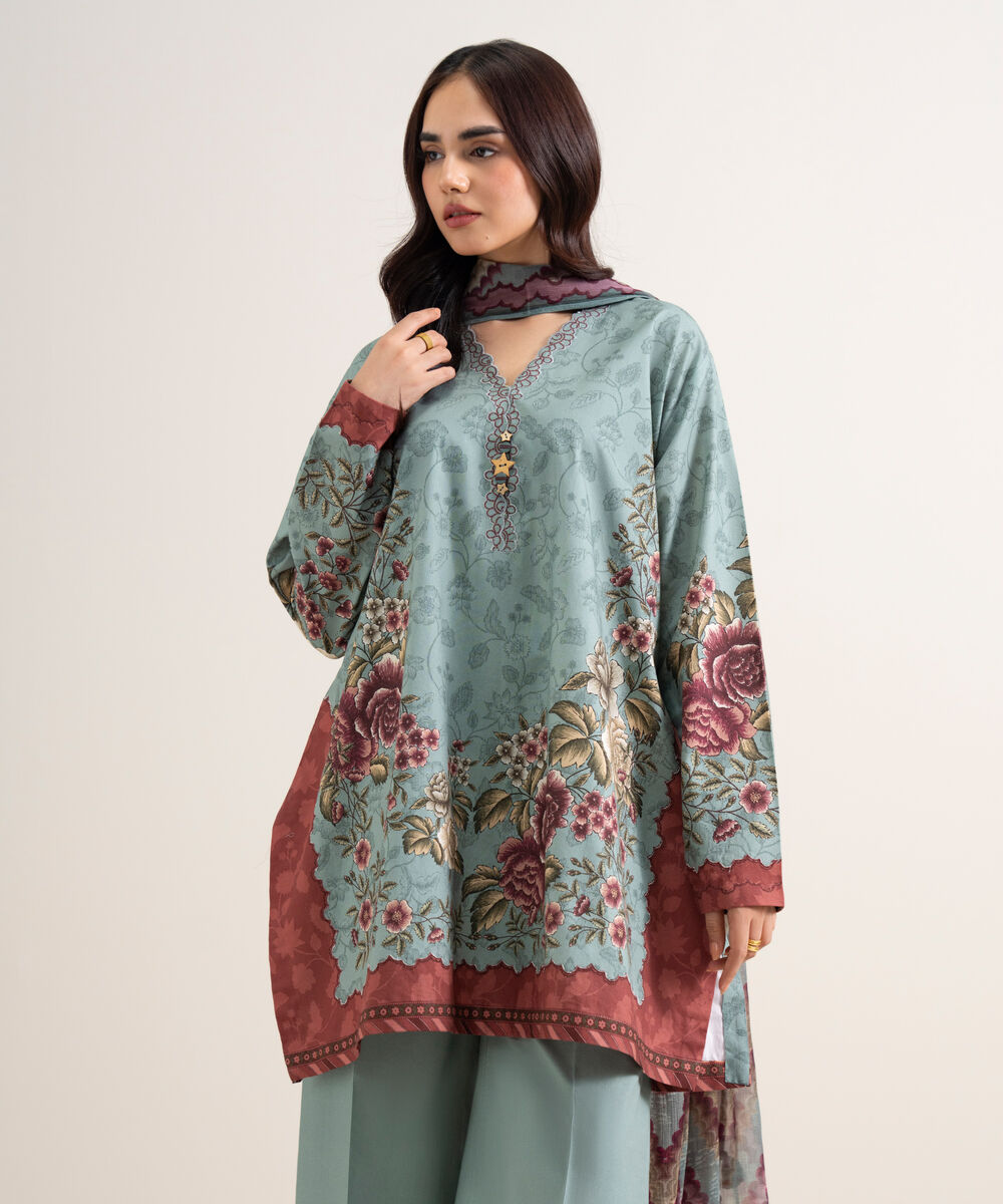 Women's Unstitched Cotton Printed Blue  3 Piece Suit