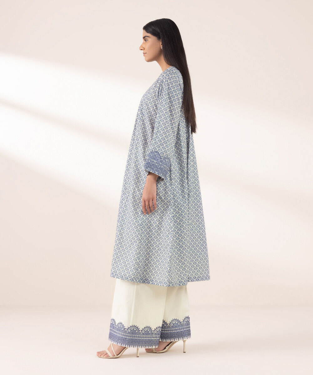 Women's RTW Textured Lawn Blue Embroidered A-Line Shirt