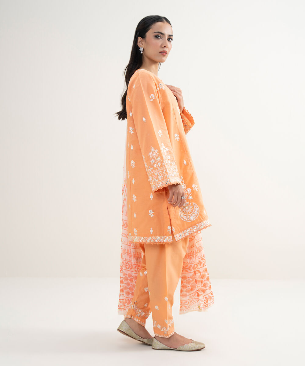 Women's RTW Zari Cotton Embroidered Cream White 3 Piece Suit