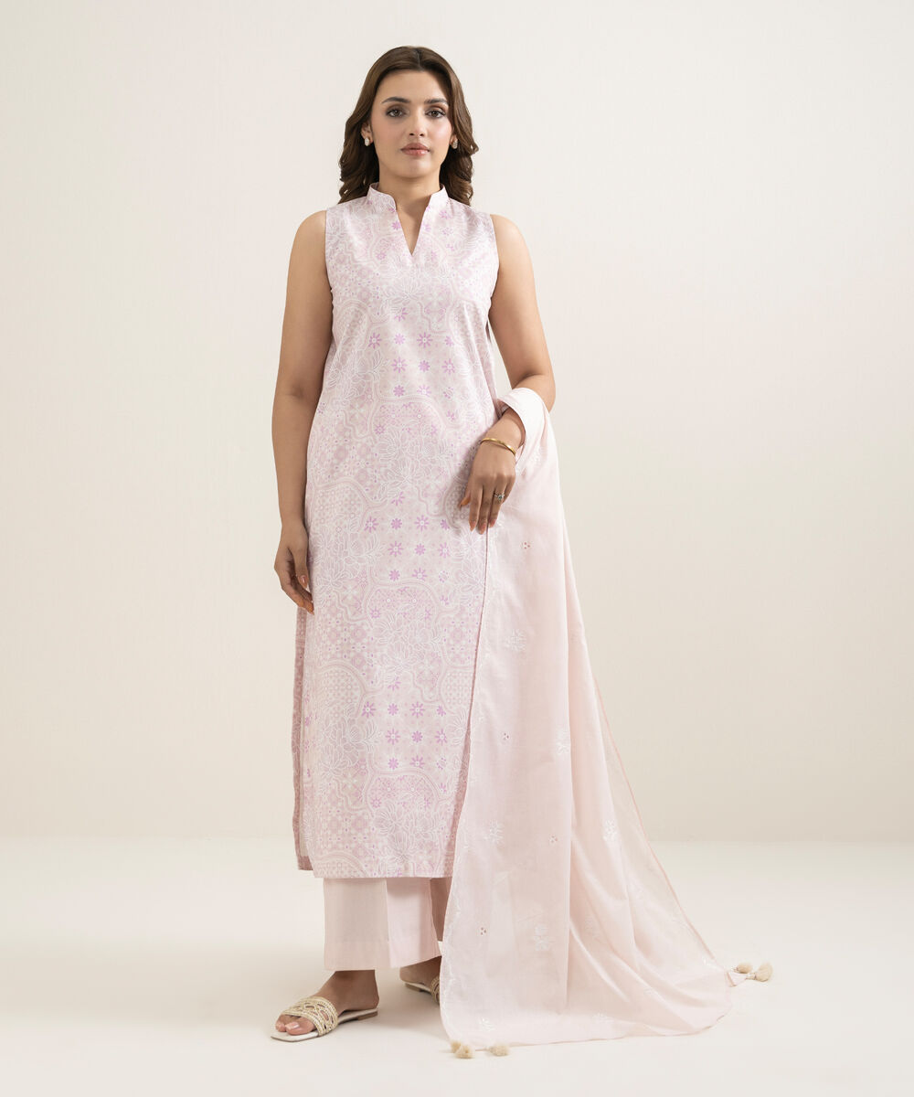 Women's Unstitched Lawn Printed Pink 3 Piece Suit