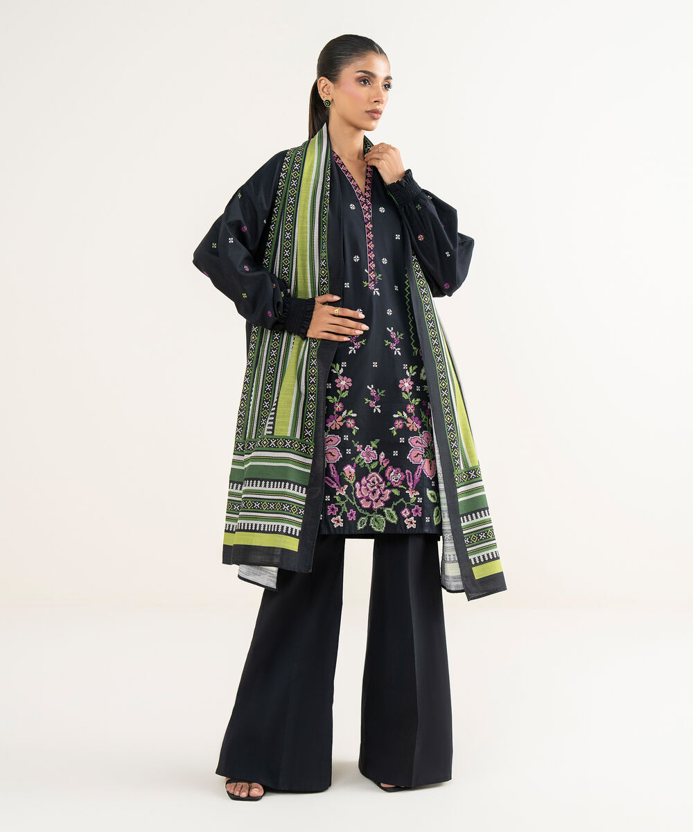 Women's Unstitched Cross Hatch Embroidered Black 3 Piece Suit