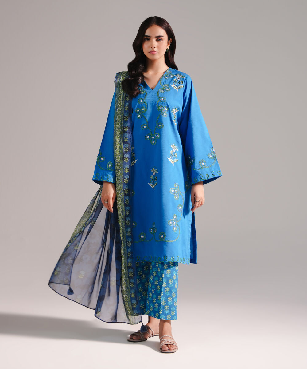 Women's RTW Dobby Embroidered Blue 3 Piece Suit