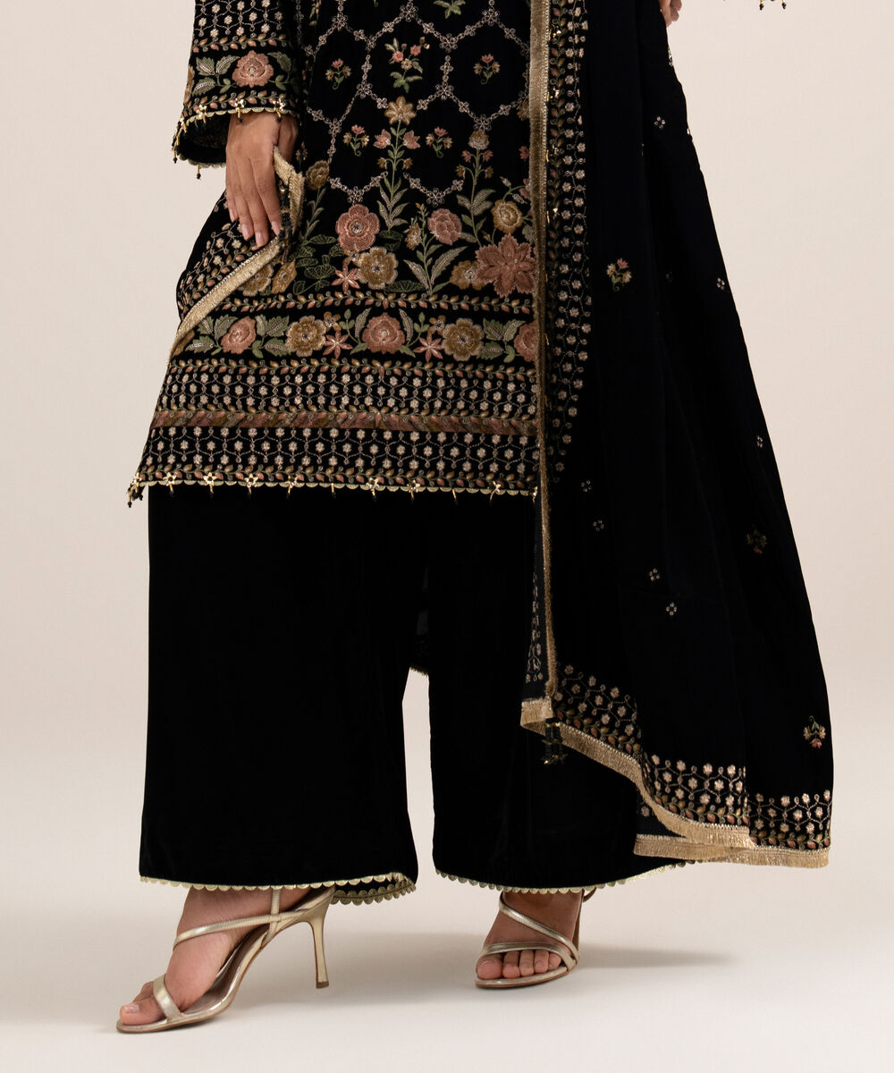 Women's Unstitched Embroidered Velvet Black 3 Piece Suit