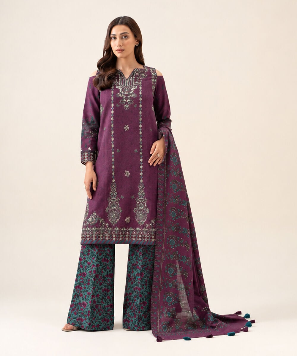 Women's Unstitched Light Khaddar Embroidered Plum 3 Piece Suit