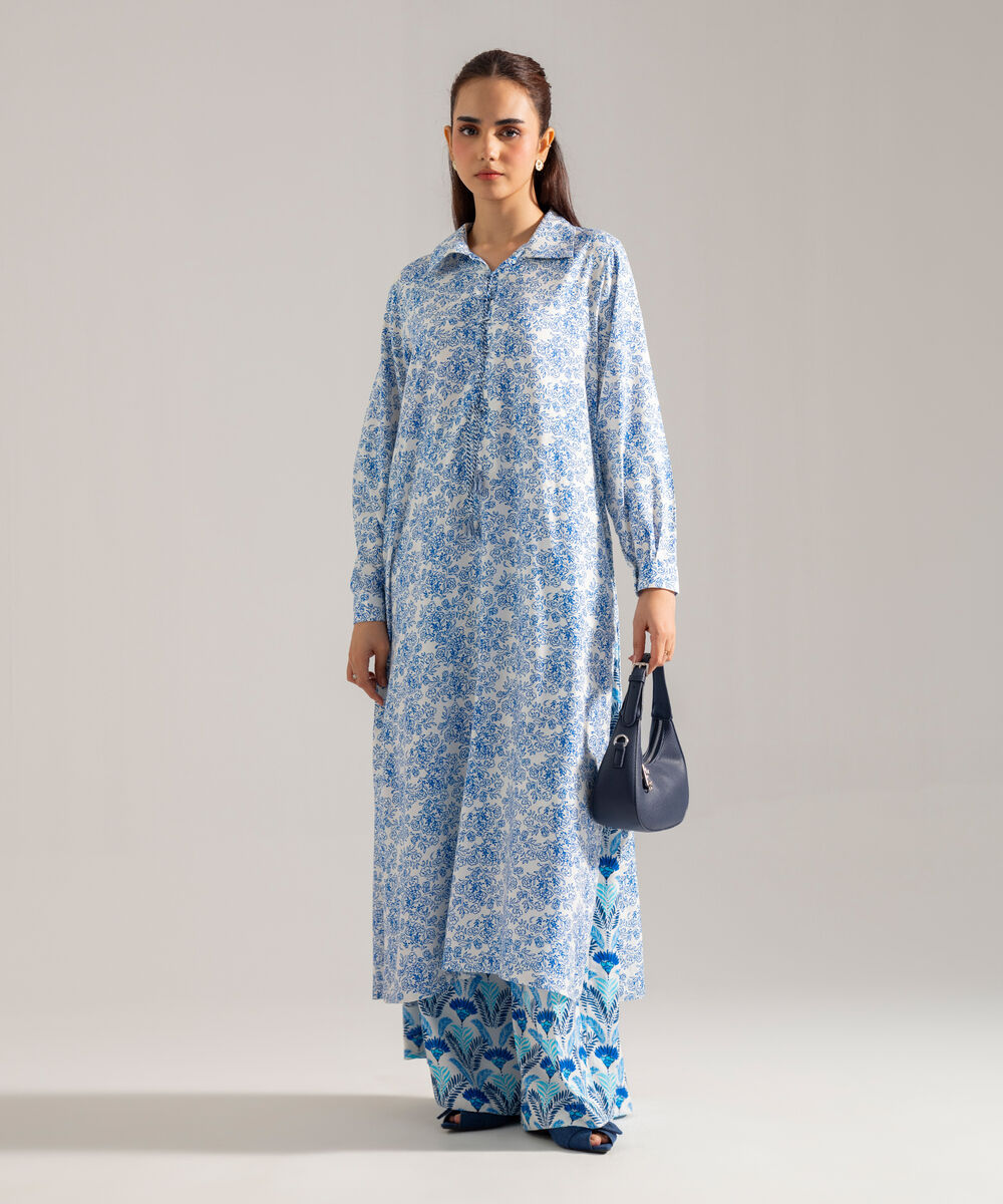Women's RTW Printed White Viscose Linen 2 Piece Suit