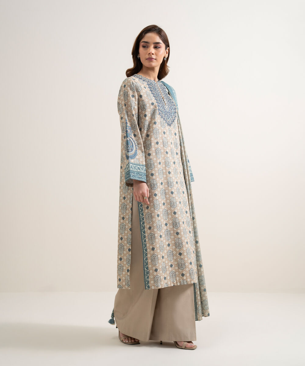 Women's Unstitched Lawn Embroidered Beige 3 Piece Suit