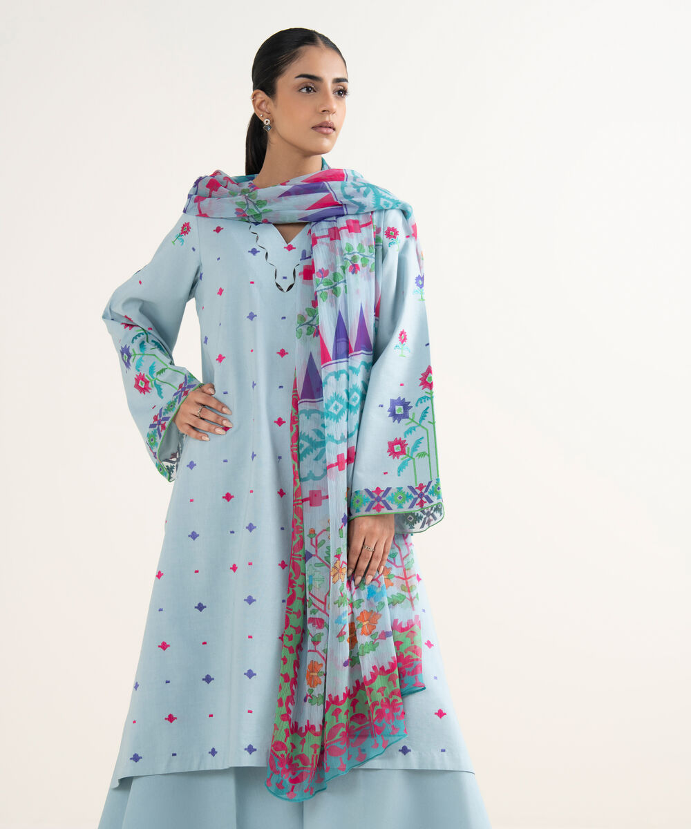 Women's Unstitched Cotton Viscose Embroidered Blue 3 Piece Suit