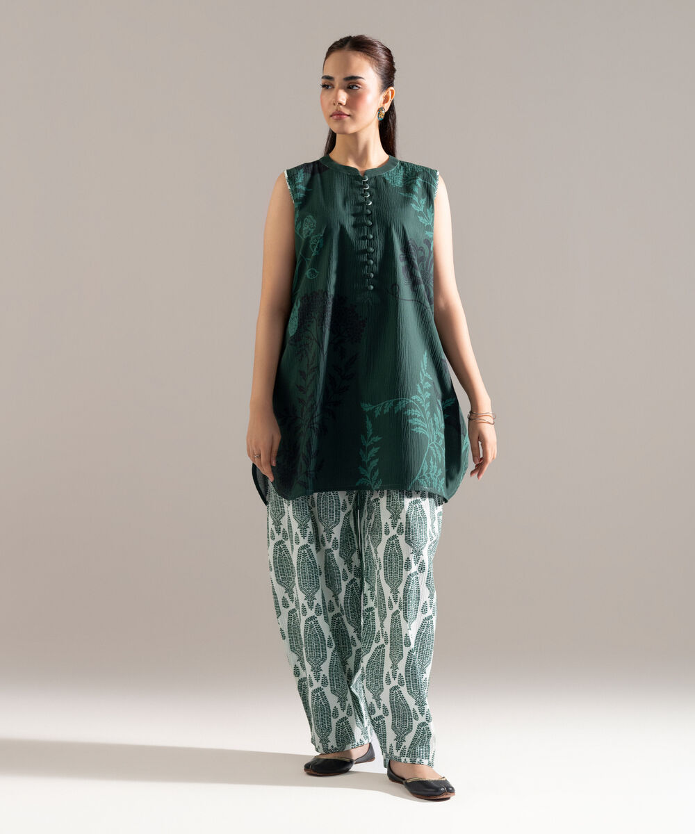 Women's RTW Seersucker Printed Teal Straight Shirt