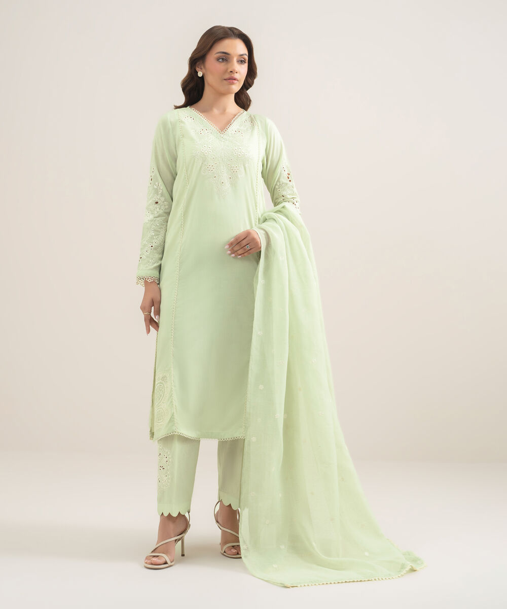 Women's RTW Self Jacquard Embroidered Green A-Line Shirt