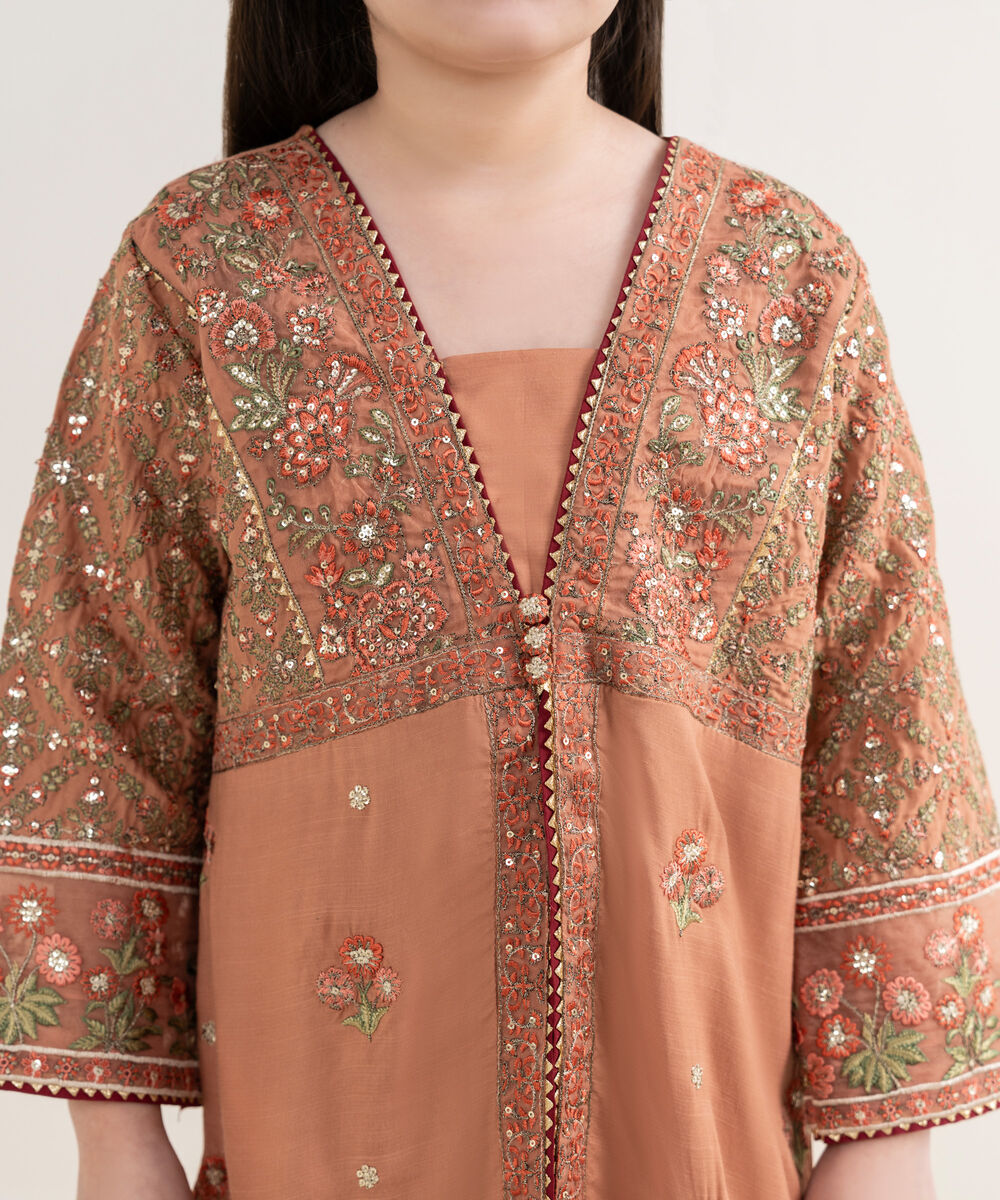 Girl's Viscose Raw Silk Orange Embroidered 2 Piece Suit