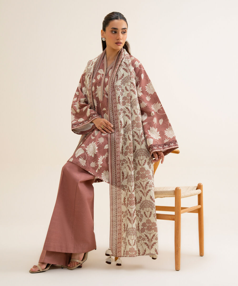 Women's Unstitched Premium Khaddar Printed Brown 3 Piece Suit