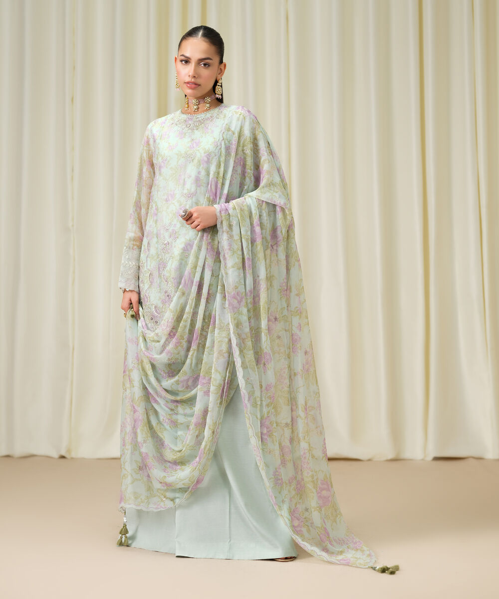 Women's Unstitched Blended Chiffon Embroidered Blue 3 Piece Suit