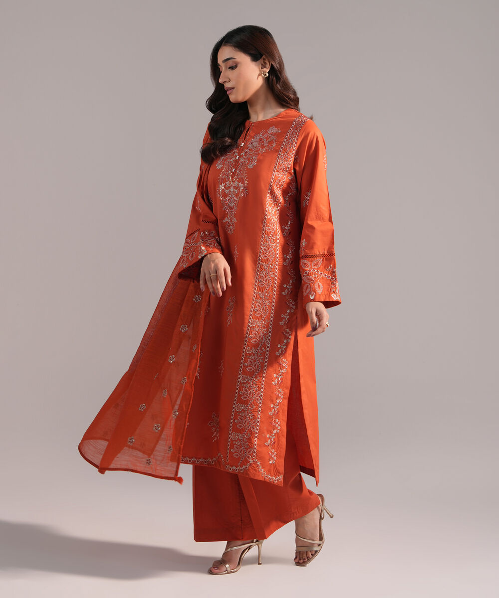 Women's RTW Cambric Embroidered Orange  3 Piece Suit