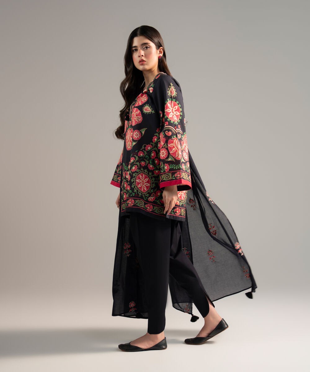 Women's RTW Lawn Printed Black 3 Piece Suit