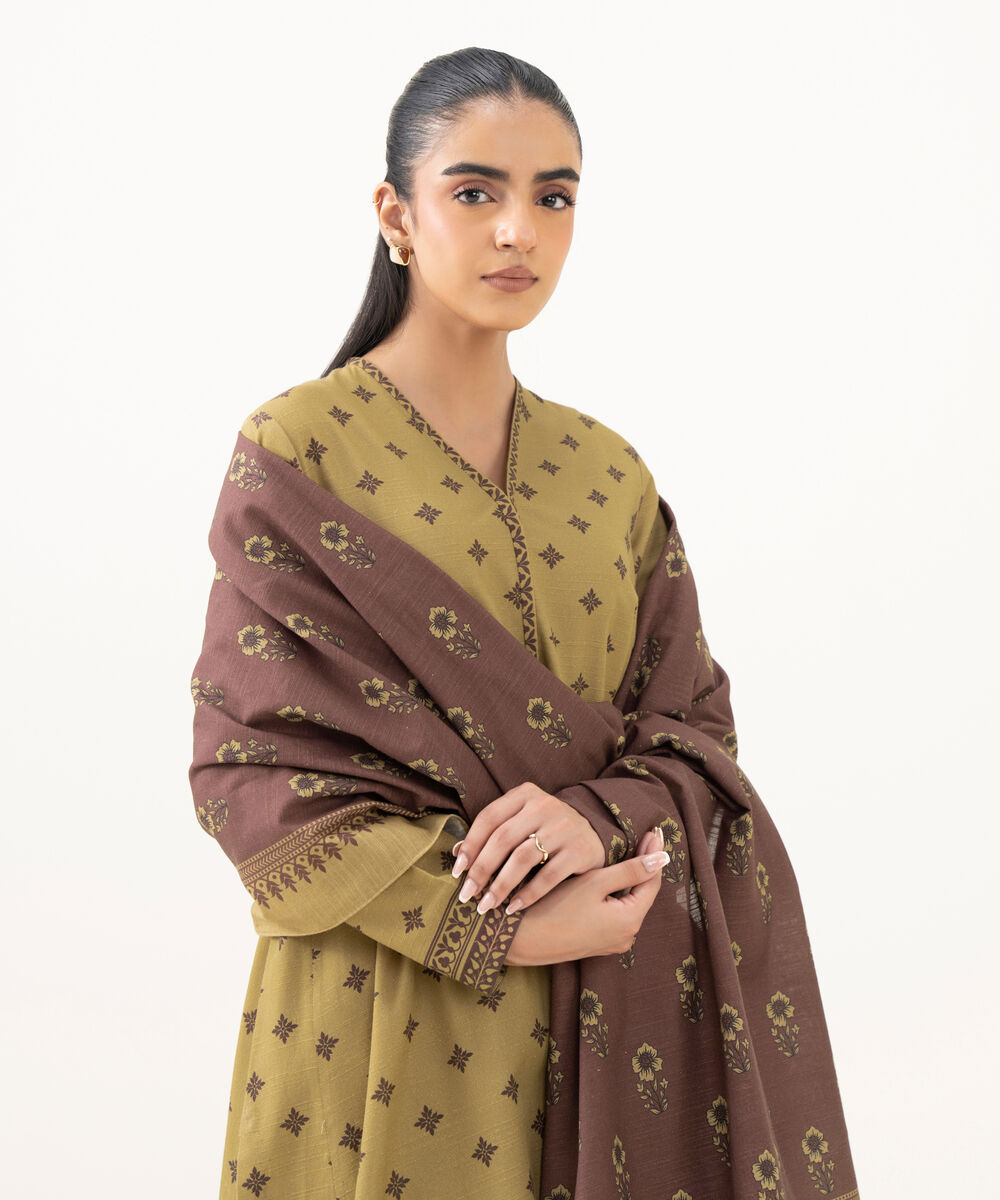 Women's Unstitched Light Khaddar Printed Yellow 2 Piece Suit