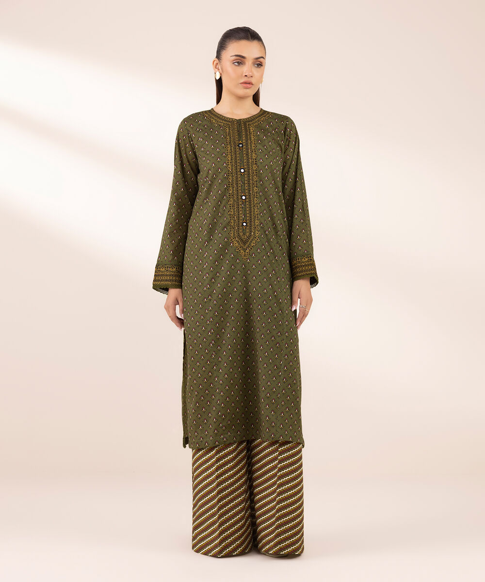 Women's RTW Lawn Green Embroidered A-Line Shirt