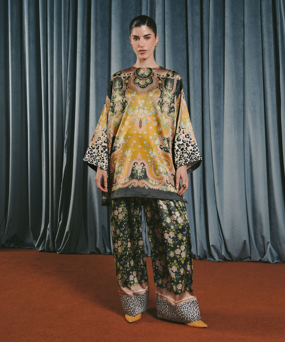 Women's RTW Blended Satin Printed Mustard 2 Piece Suit