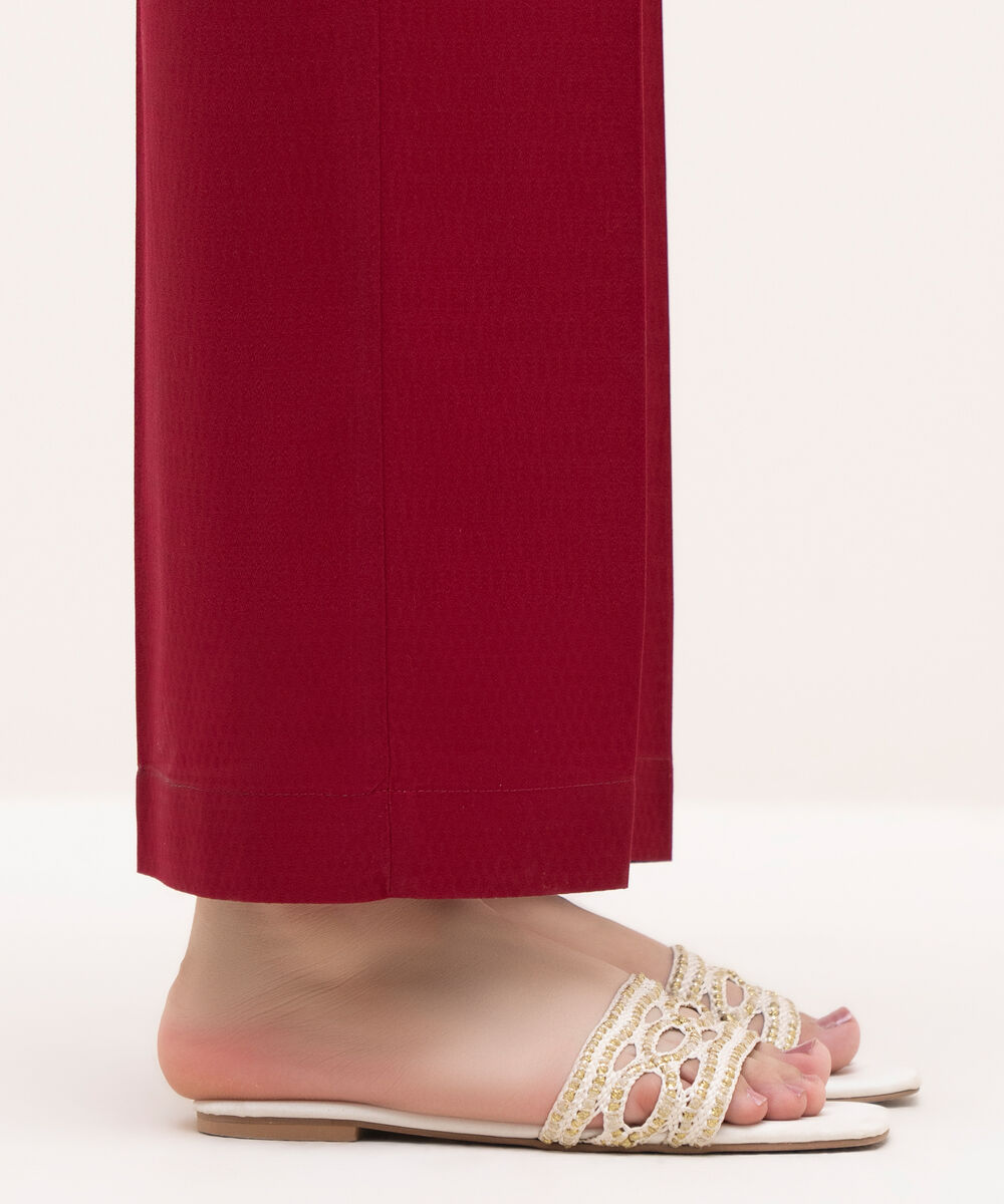 Women's RTW Textured Cotton Maroon Solid Straight Pants