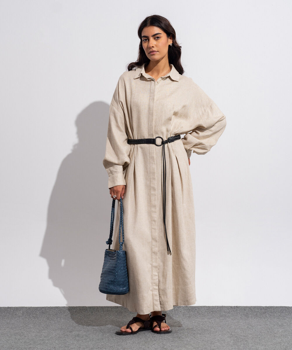Women's Western Wear Beige Pleated Linen Blend Dress With Belt