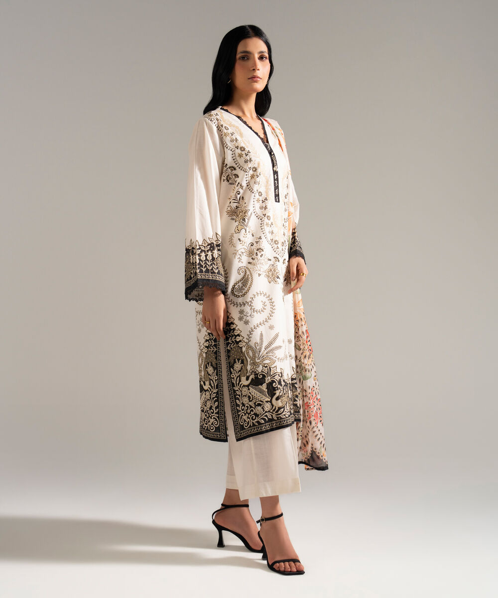 Women's RTW Slub Lawn Printed Off White 3 Piece Suit