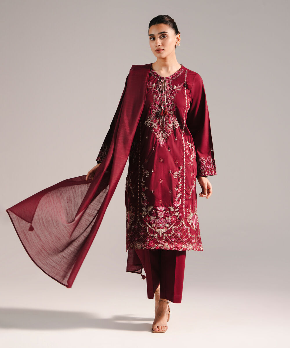 Women's RTW Lawn Embroidered Deep Maroon 3 Piece Suit