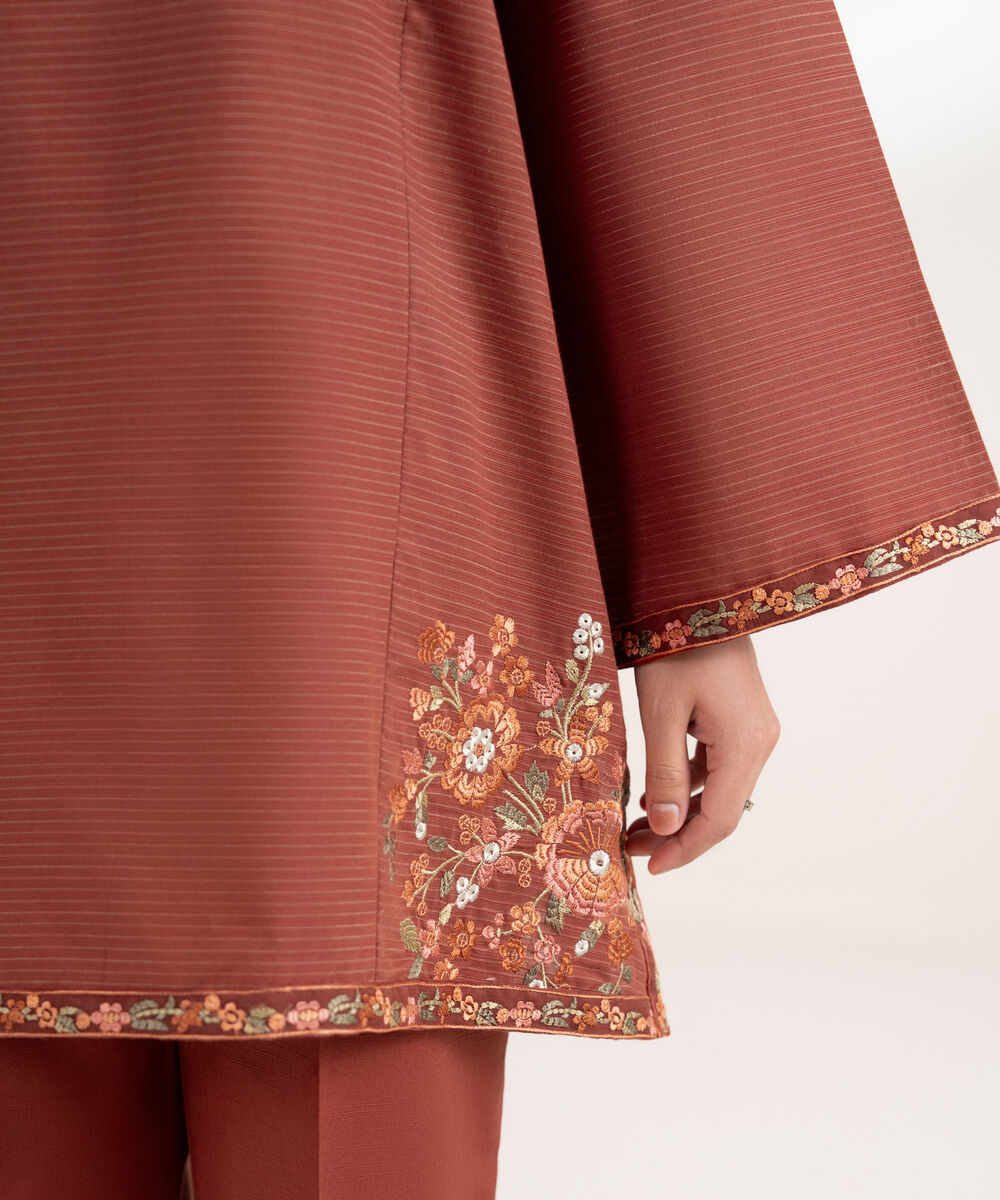 Women's RTW Zari Khaddar Embroidered Rust Straight Shirt
