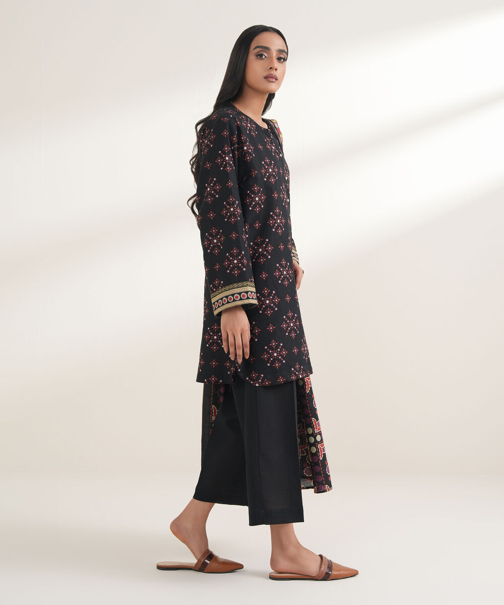 Women's RTW Khaddar Printed Black 3 Piece Suit