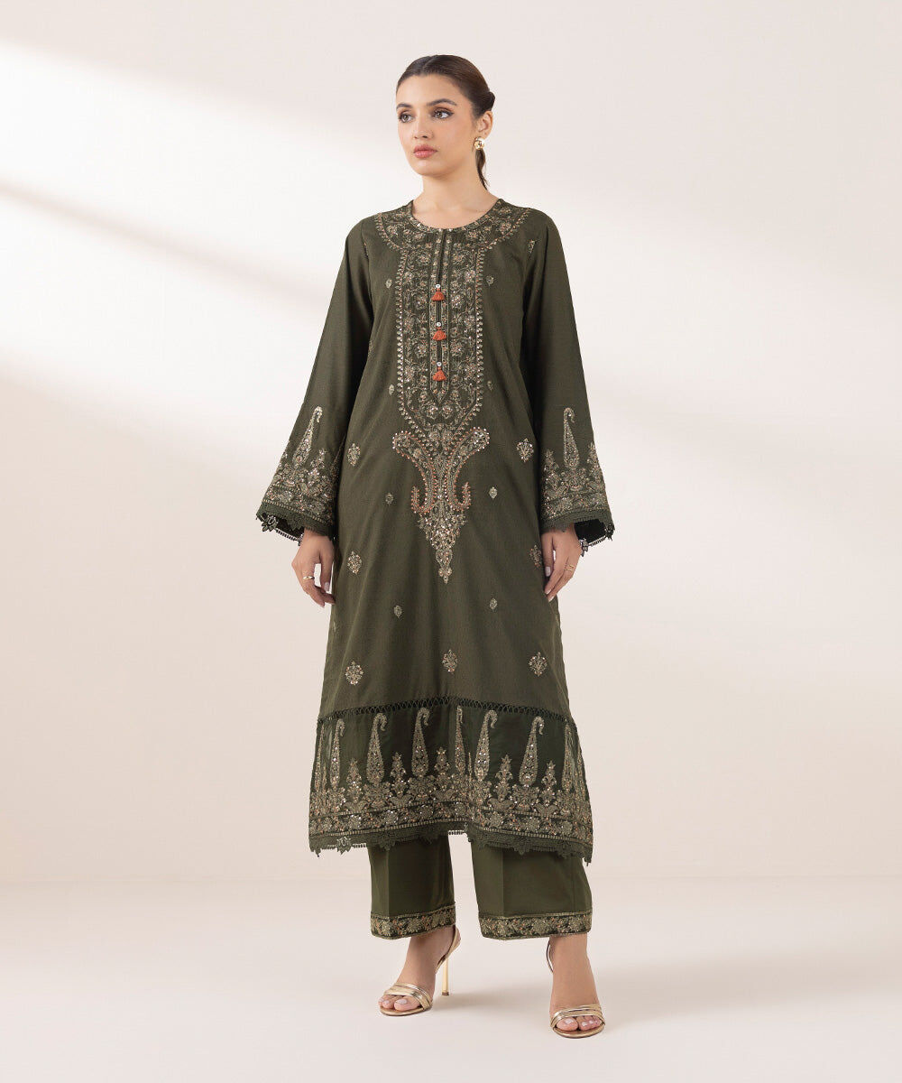 Woman - Green Embroidered Cotton Karandi Shirt