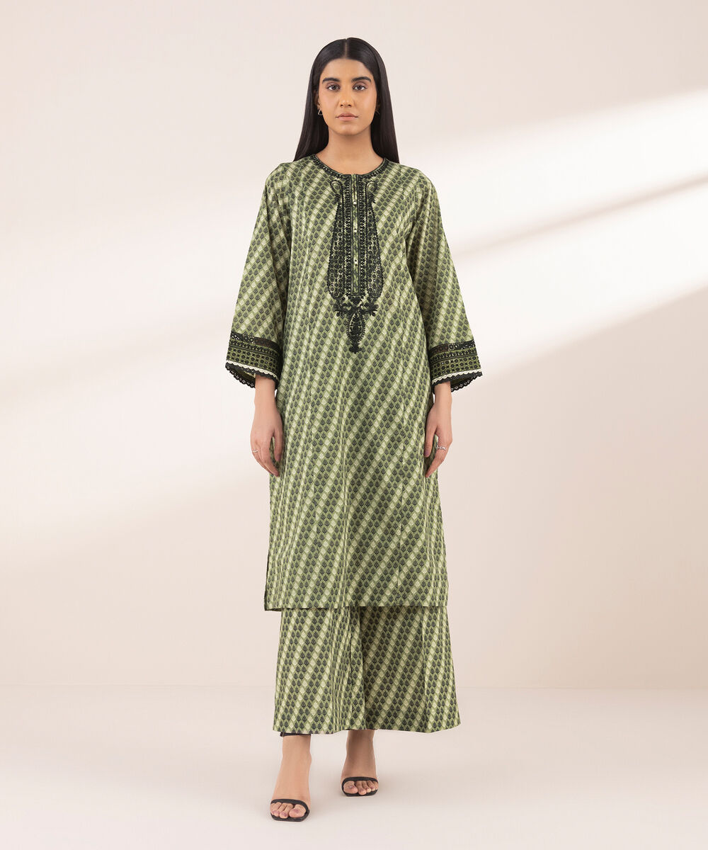 Women's RTW Lawn Green Embroidered A-Line Shirt