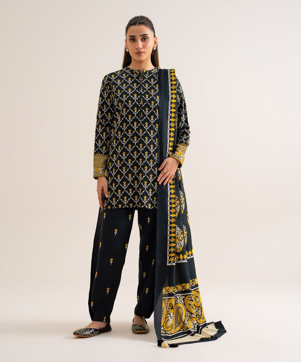 Women's Unstitched Viscose Linen Printed Black 3 Piece Suit