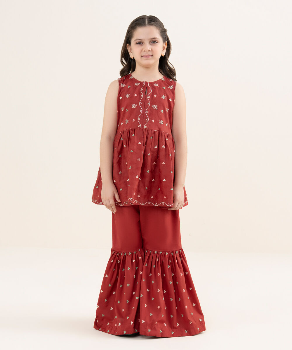 Girl's Cotton Jacquard Embroidered Red 2 Piece Set