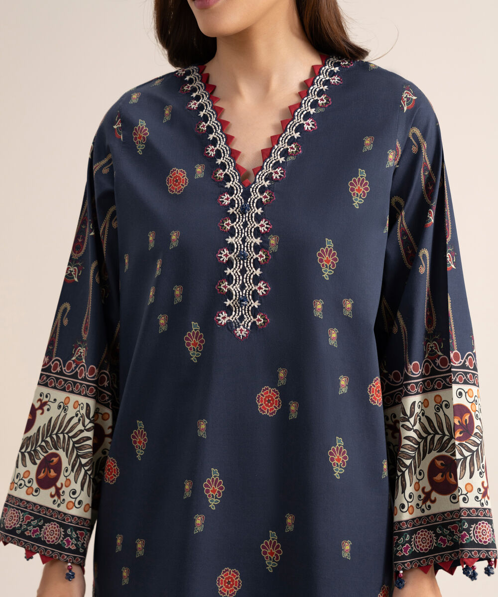 Women's Unstitched Lawn Embroidered Navy Blue  3 Piece Suit