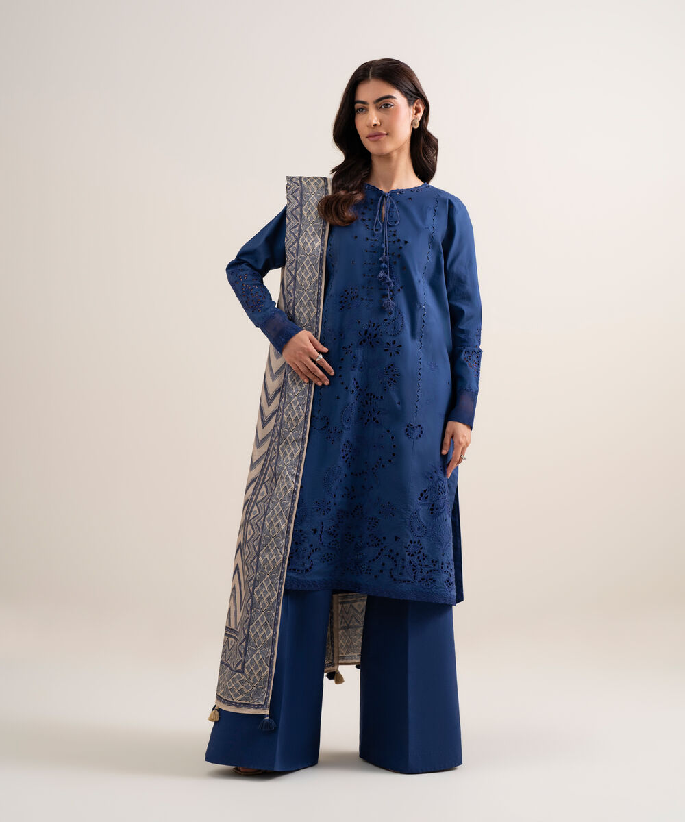 Women's Unstitched Cotton Embroidered Blue 3 Piece Suit