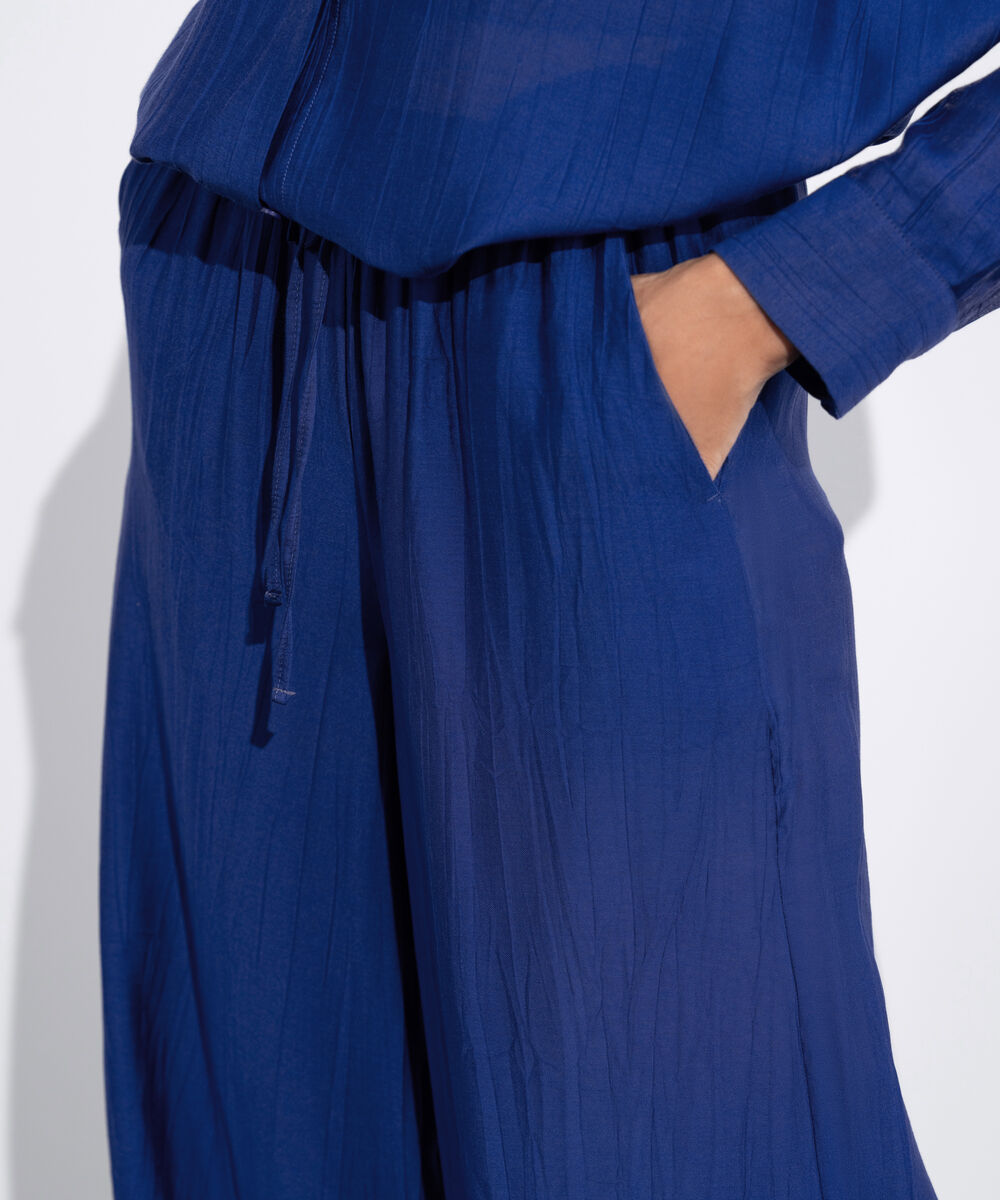 Women's Western Wear Blue Textured Wide-Leg Trousers