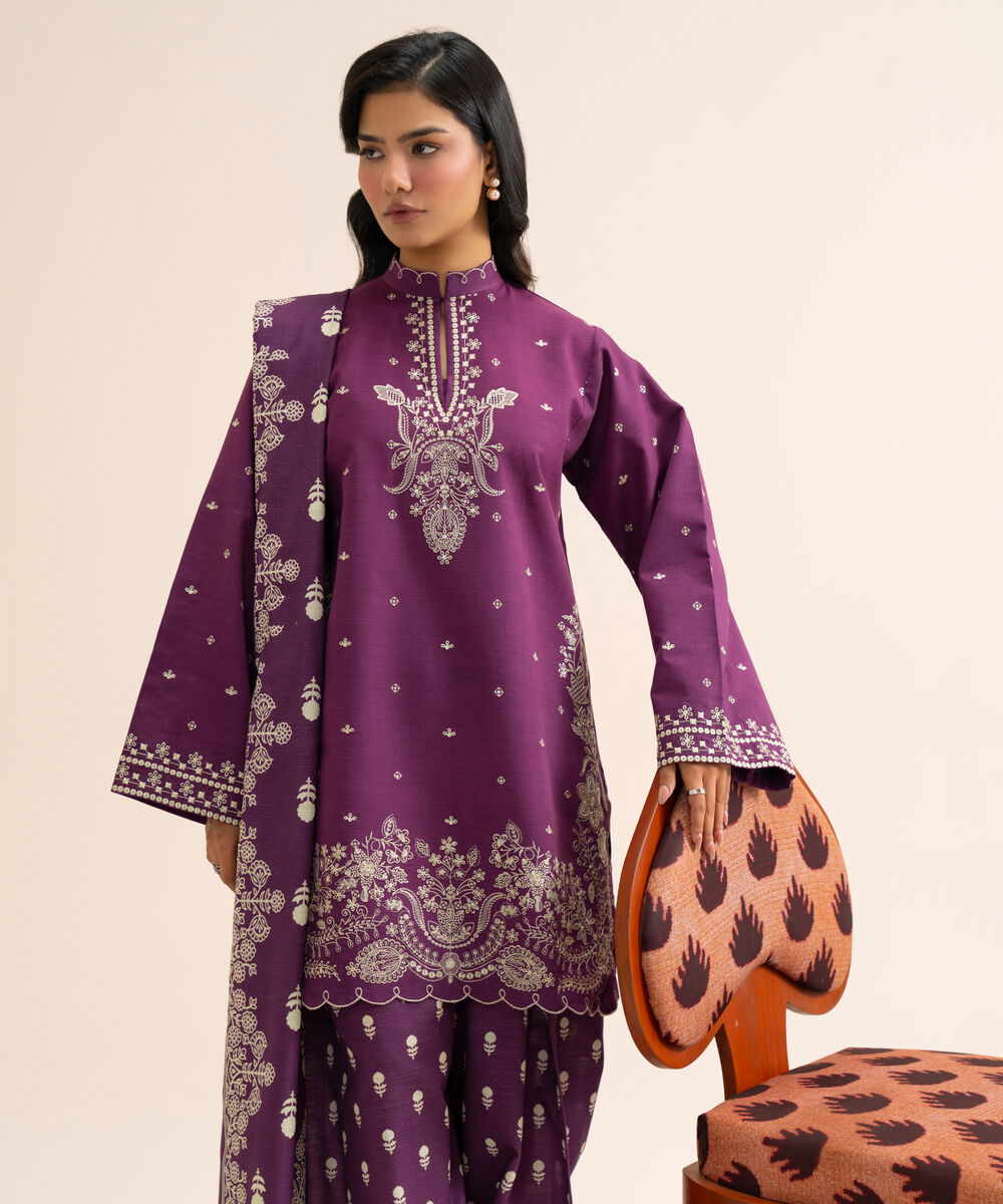 Women's Unstitched Light Khaddar Embroidered Purple 3 Piece Suit