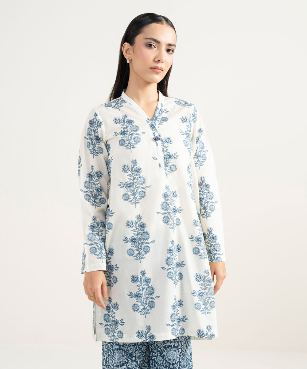 Women's RTW Lawn Printed White Straight Shirt