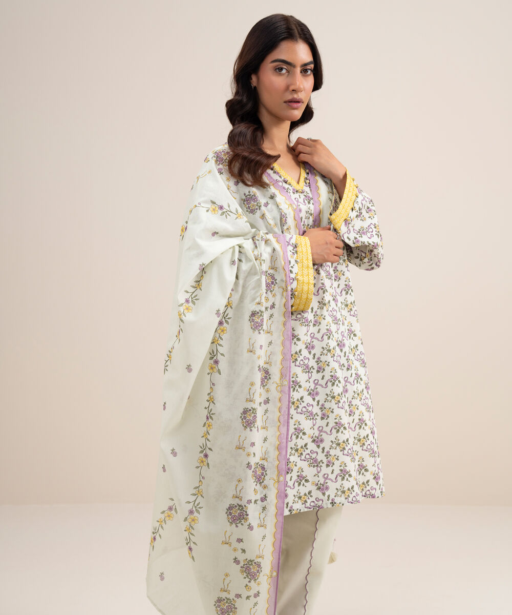 Women's Unstitched Lawn Printed Off White 3 Piece Suit