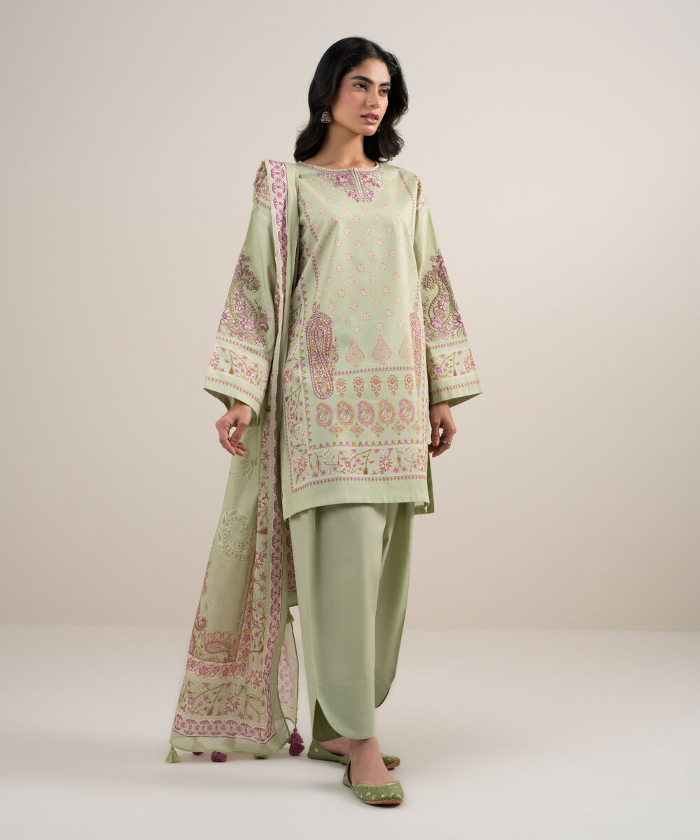 Women's Unstitched Lawn Embroidered Light Green 3 Piece Suit