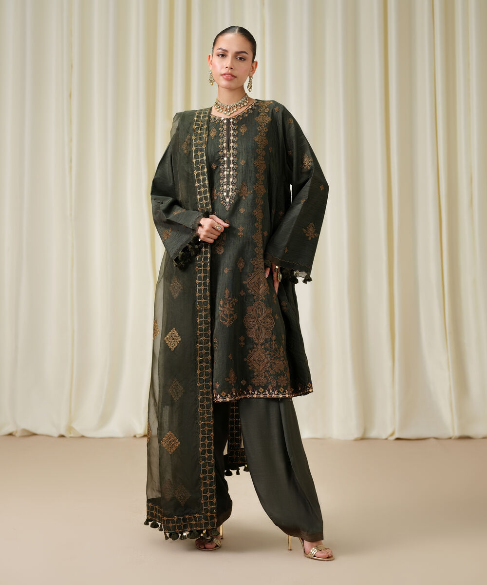 Women's Unstitched Raw Silk Embroidered Green 3 Piece Suit