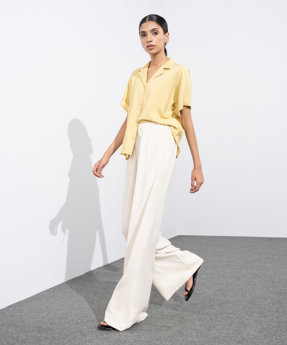 Women's Western Wear Beige Seersucker Wide Leg Trousers