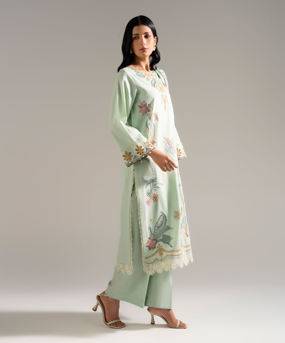 Women's RTW Dobby Crepe Embroidered Green 3 Piece Suit