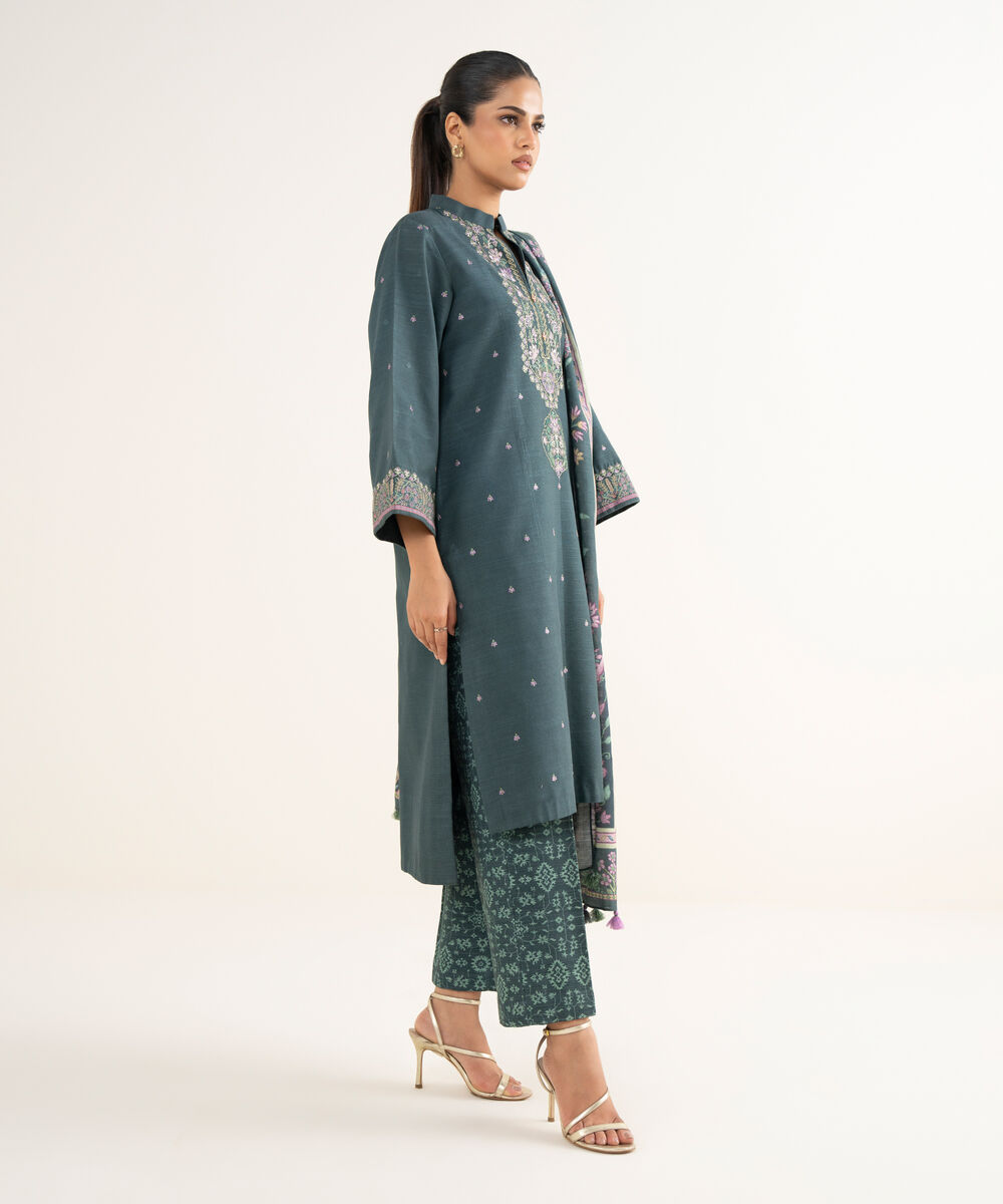 Women's Unstitched Khaddar Embroidered Green 3 Piece Suit