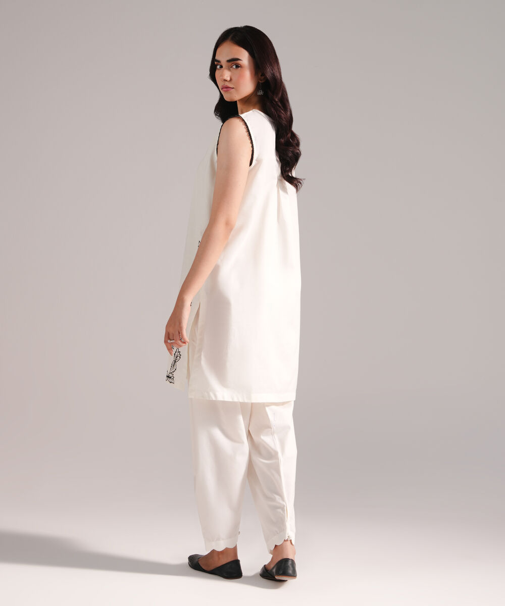 Women's RTW Slub Lawn Embroidered Off White Straight Shirt