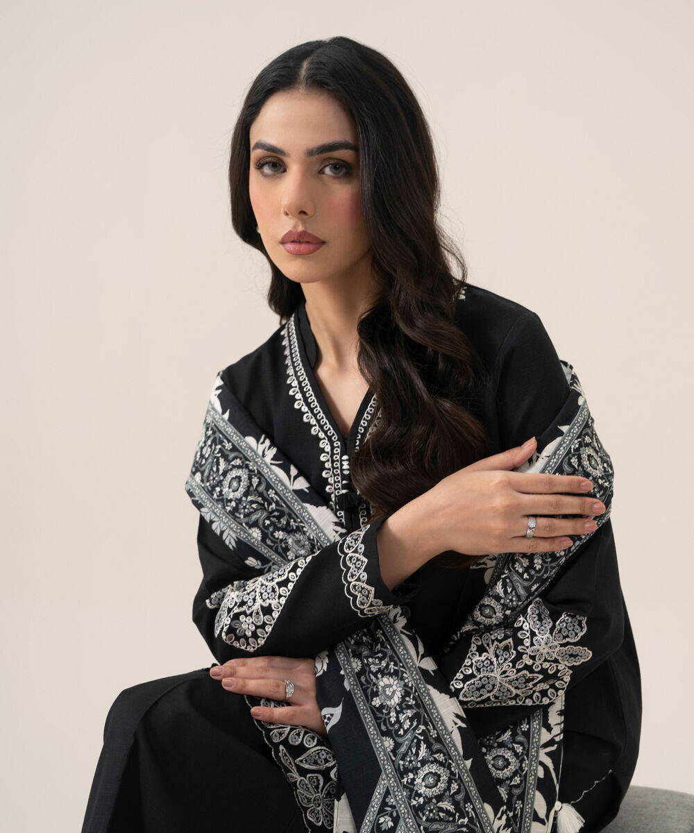 Women's Unstitched Lawn Embroidered Black 3 Piece Suit